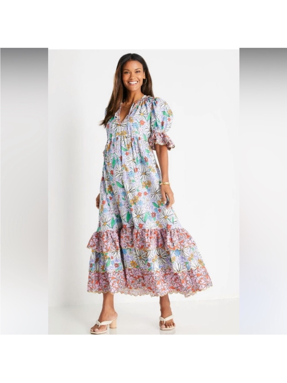 Celia B Brenda Maxi Floral Dress S Tie Front Tiered Ruffle Mixed Print Colorful